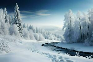 ai generato inverno Paese delle meraviglie festivo vacanza foresta paesaggio foto
