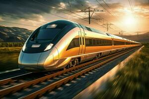 ai generato attività commerciale viaggio alto velocità treno in movimento su il ferrovia avventura foto