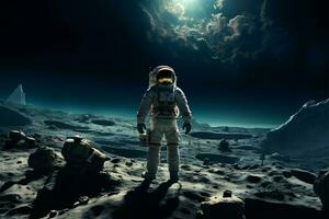 ai generato passeggiata nello spazio Meraviglia astronauta nel spazio completo da uomo esplora il lune superficie foto