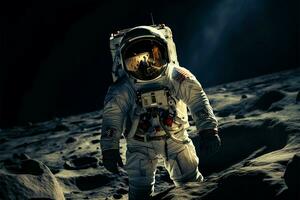 ai generato lunare esplorazione astronauta nel spazio completo da uomo passeggiate su il Luna foto