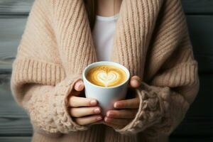 ai generato accogliente momento donna Tenere un' tazza di caldo, confortante caffè foto