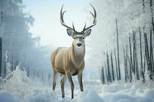 ai generato inverno serenità cervo sta nel davanti di neve coperto campo foto