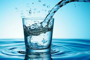 ai generato idratazione momento acqua scrosciante in un' bicchiere contro blu fondale foto