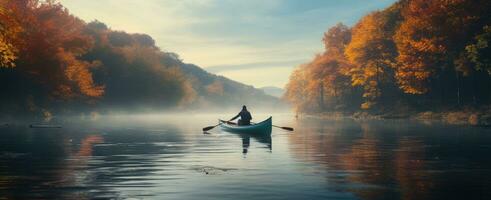 ai generato un' singolo persona canoa giù un' fiume in il autunno fogliame foto