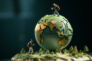 ai generato globo esploratori miniatura i viaggiatori navigare loro viaggio attraverso il globo foto