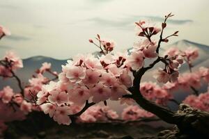 ai generato botanico romanza ciliegia fiorire albero nel decorativo romantico grafico arte foto
