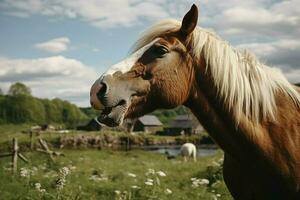 ai generato cavallo porto animali pascolo nel natura campi, inalterato paesaggio scenario foto