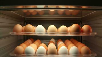 ai generato un' foto mostrando uova su vassoi nel un Aperto frigorifero