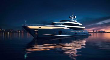 ai generato un' lusso yacht vele a notte nel il fiume foto