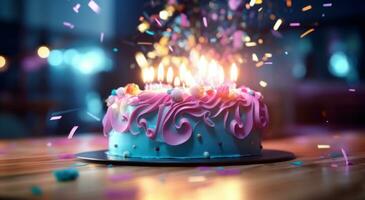 ai generato un' compleanno torta è visualizzato con illuminato candele su superiore foto