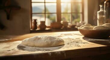 ai generato un' Pizza Impasto è fabbricazione nel un' cucina foto