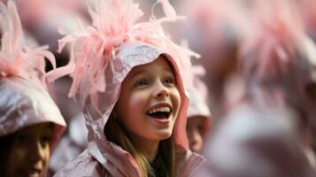 ai generato un' giovane ragazza con un' rosa cappello e un' pennuto cappello, guardare allegro e elegante. generativo ai foto