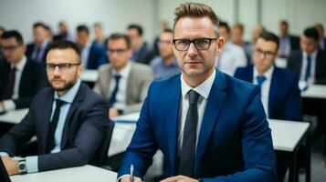 ai generato un' uomo nel un' completo da uomo e bicchieri si siede a un' conferenza tavolo. generativo ai foto