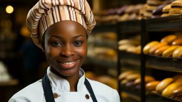 ai generato un' gioioso nero donna con un' caldo Sorridi in piedi nel un' forno, circondato di delizioso pasticcini. generativo ai foto