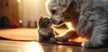 ai generato un' cane è baci un' gattino su il pavimento con rosso calze autoreggenti foto