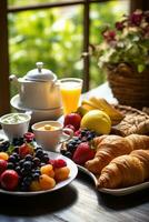 ai generato un' buongustaio mattina differenza, pasticcini, fresco frutta, e invitante caffè, più generoso copia spazio foto