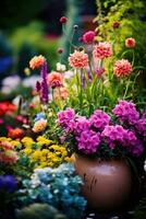 ai generato vivido giardino con vivace fiori, fiorente impianti, e ampio spazio per il tuo Messaggio foto