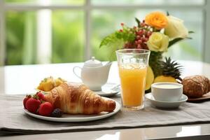 ai generato un' buongustaio mattina differenza, pasticcini, fresco frutta, e invitante caffè, più generoso copia spazio foto