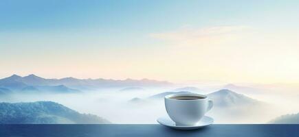 ai generato caffè tazza su superiore di un' montagna con nebbia foto