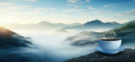 ai generato caffè tazza su superiore di un' montagna con nebbia foto