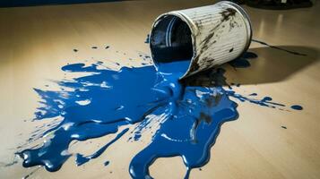 ai generato un' blu dipingere può su il pavimento con dipingere schizzi. generativo ai foto
