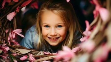 ai generato allegro ragazza guardare su a partire dal un' campo circondato di rosa fiori. generativo ai foto