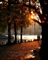 ai generato silhouette di coppia avendo un emotivo momento dietro a caduto le foglie a tramonto nel autunno. generativo ai foto