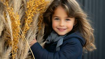 ai generato un' giovane ragazza pendente contro un' parete, circondato di Grano. generativo ai foto