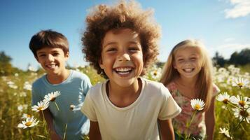 ai generato tre bambini felicemente sorridente nel un' campo di margherite, godendo il bellezza di natura e il calore di il sole. generativo ai foto