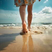 ritagliata Immagine di bellissimo ragazza spruzzi acqua con sua gambe mentre a piedi lungo il spiaggia foto