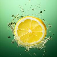 ai generato fresco Limone fetta nel acqua con bolle. avvicinamento di un' lime fetta nel liquido con bolle. fetta di maturo lime nel acqua. avvicinamento di fresco lime fetta coperto di bolle. foto