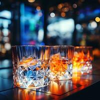 ai generato vuoto chiaro bicchieri con ghiaccio cubi scintillare con colorato luci di il ristorante con bellissimo riflessi su il bicchiere contro il sfondo di blu e arancia luci. foto