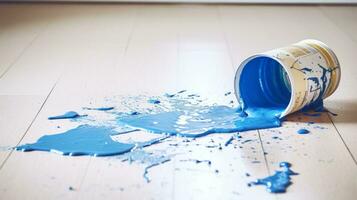 ai generato un' blu dipingere può su il pavimento con dipingere schizzi. generativo ai foto