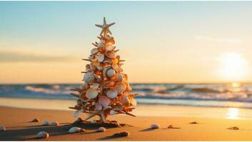 ai generato Natale albero fatto di conchiglie su il spiaggia a tramonto. foto