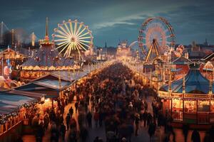 ai generato persone a il oktoberfest nel Monaco, birra tende e area fieristica cavalcate su il oktoberfest nel Monaco, ai generato foto