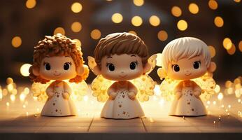 ai generato Natale Natività scena con poco angeli e candele. foto