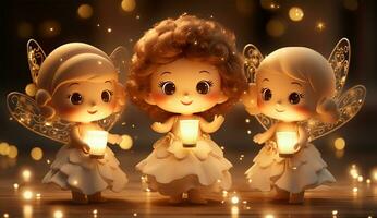 ai generato Natale Natività scena con poco angeli e candele. foto
