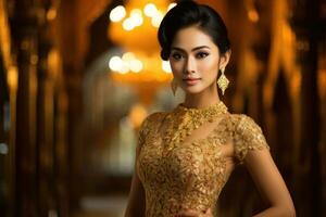 ai generato ritratto di bellissimo asiatico donna nel tradizionale tailandese vestire, interno sparo, bellissimo tailandese ragazza nel un' sbalorditivo oro tradizionale vestito vestito, ai generato foto