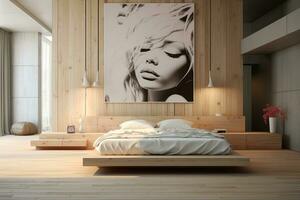 ai generato interno di moderno Camera da letto con di legno muri, di legno pavimento e confortevole re dimensione letto con bianca biancheria. 3d rendering, Camera da letto design idee, ai generato foto