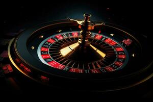 ai generato casinò roulette ruota su buio sfondo. 3d illustrazione, bellissimo roulette su un' buio sfondo con un' posto per un' logo o iscrizione, ai generato foto