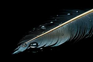 ai generato piuma di un' uccello con acqua gocce su un' nero sfondo vicino su, bellissimo piuma con acqua gocce su un' nero sfondo, avvicinamento, ai generato foto