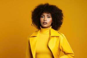 ai generato bellissimo africano americano donna con afro acconciatura indossare giallo cappotto, attraente africano americano modello nel studio, giallo Abiti su giallo sfondo, ai generato foto