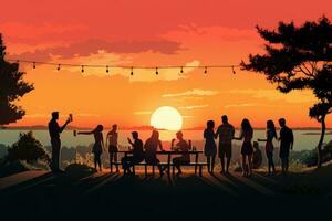 ai generato vettore illustrazione di un' gruppo di persone avendo un' picnic su un' lago a tramonto, un' gruppo di persone a un' barbecue a tramonto, estate vacanza, ai generato foto