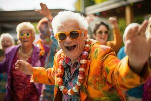 ai generato gruppo di gli anziani danza a un' musica Festival su un' estate giorno, un' gruppo di gli anziani vestito nel festivo abbigliamento, danza e festeggiare a un' vivace Comunità evento, ai generato foto