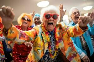 ai generato ritratto di anziano persone danza a carnevale nel davanti di telecamera, un' gruppo di gli anziani vestito nel festivo abbigliamento, danza e festeggiare a un' vivace Comunità evento, ai generato foto