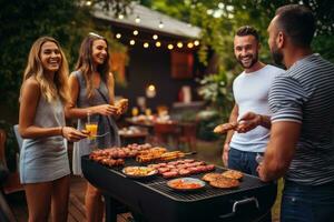 ai generato gruppo di amici avendo barbecue festa nel estate giardino. sorridente giovane uomini e donne avendo barbecue festa all'aperto, barbecue cucinando amici godendo il cibo e azienda, ai generato foto