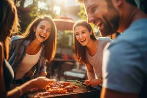 ai generato gruppo di amici avendo barbecue festa all'aperto. persone avendo divertimento su estate giorno, barbecue cucinando amici godendo il cibo e azienda, ai generato foto