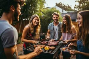 ai generato gruppo di amici avendo barbecue festa all'aperto. giovane persone avendo divertimento su estate giorno, barbecue cucinando amici godendo il cibo e azienda, ai generato foto