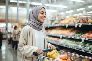 ai generato ritratto di contento musulmano donna con shopping carrello nel drogheria negozio, attraente mezzo orientale giovane donna indossare un' hijab shopping a un' supermercato, ai generato foto