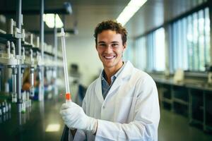 ai generato ritratto di sorridente maschio ricercatore trasporto su scientifico ricerca nel un' laboratorio, attraente sorridente alunno Tenere grande pipetta, ai generato foto